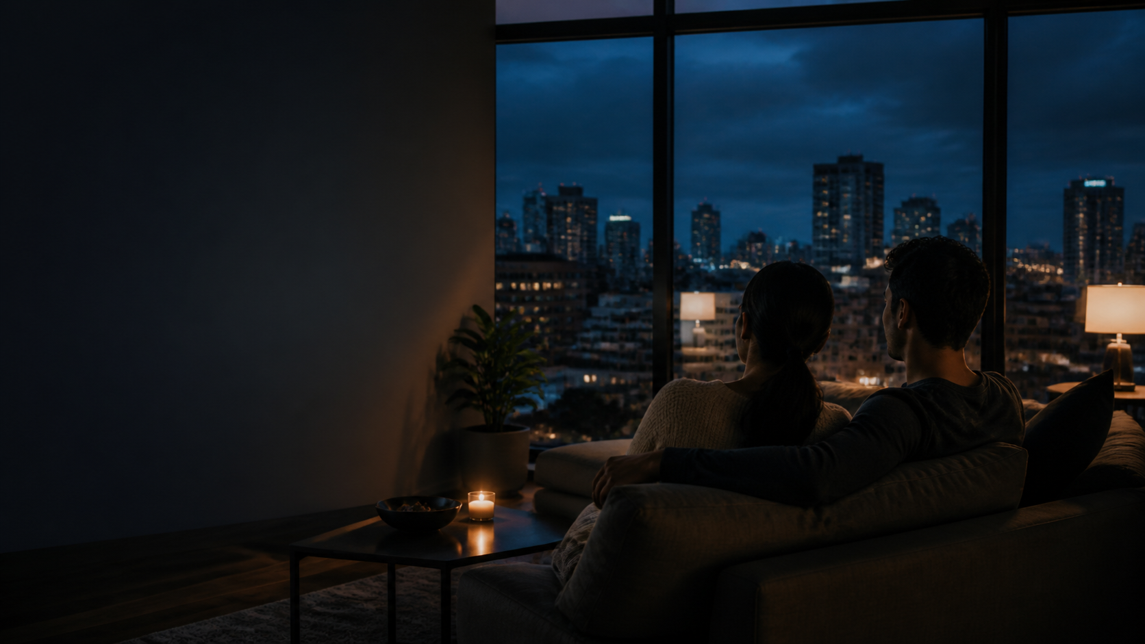 Pareja observando la ciudad desde su hogar al anochecer